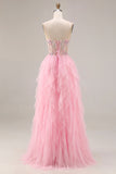 Sparkly Pink Beaded A Line Long Corset Prom Dress with Slit