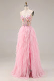 Sparkly Pink Beaded A Line Long Corset Prom Dress with Slit