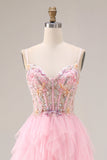 Sparkly Pink Beaded A Line Long Corset Prom Dress with Slit