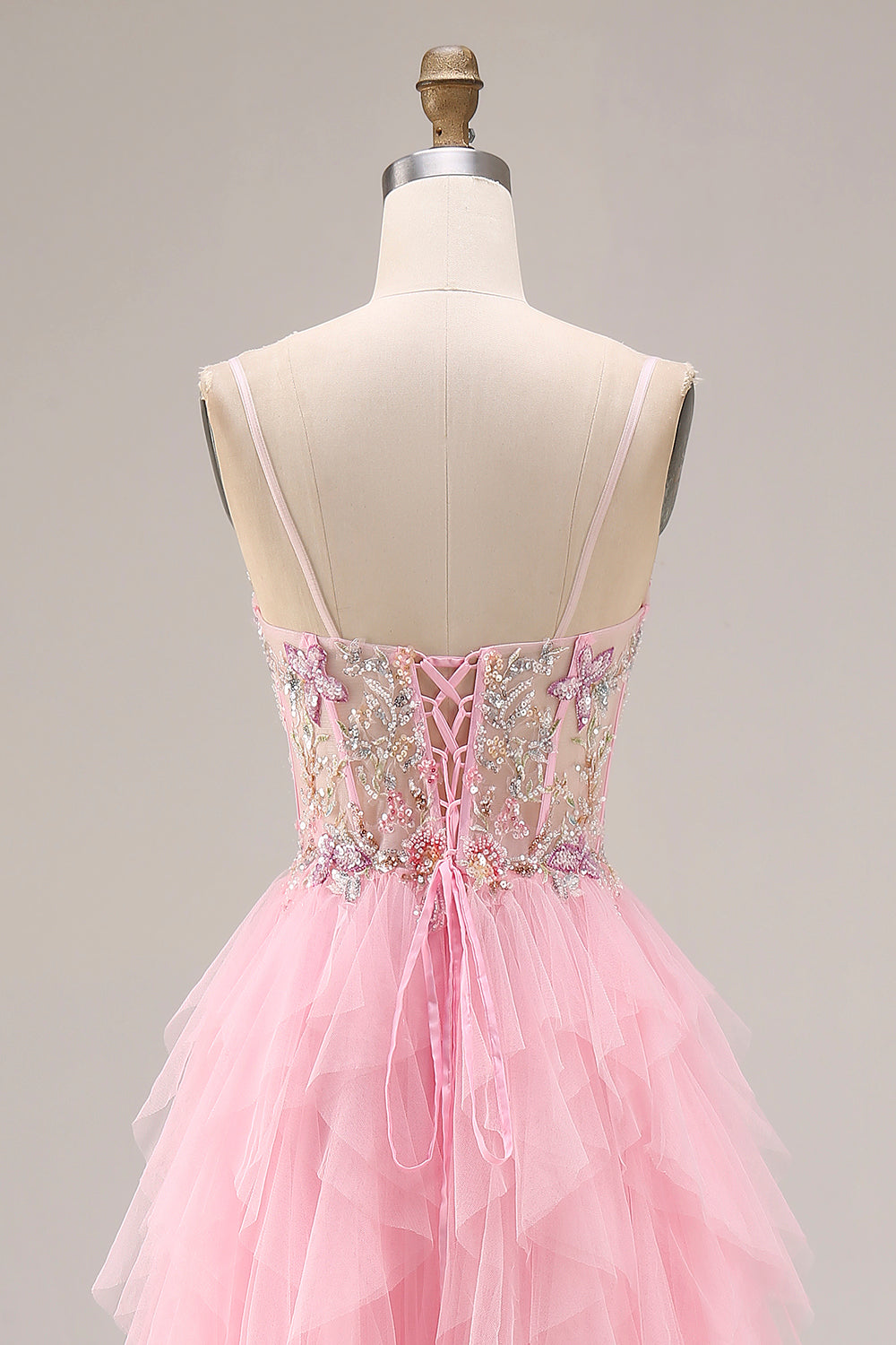 Leely Women Sparkly Pink Tulle Long Floral Corset Prom Dress with Slit