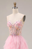 Sparkly Pink Beaded A Line Long Corset Prom Dress with Slit