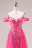 Floral Fuchsia Mermaid Sparkly Off the Shoulder Long Prom Dress with Cape