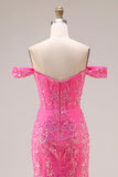 Floral Fuchsia Mermaid Sparkly Off the Shoulder Long Prom Dress with Cape