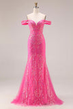 Floral Fuchsia Mermaid Sparkly Off the Shoulder Long Prom Dress with Cape