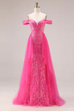 Floral Fuchsia Mermaid Sparkly Off the Shoulder Long Prom Dress with Cape