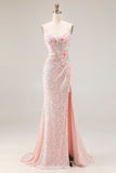 Pink Floral Mermaid Sequin Sparkly Spaghetti Straps Long Corset Prom Dress
