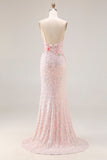 Pink Floral Mermaid Sequin Sparkly Spaghetti Straps Long Corset Prom Dress