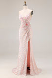 Pink Floral Mermaid Sequin Sparkly Spaghetti Straps Long Corset Prom Dress