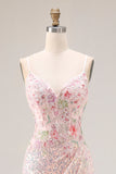 Pink Floral Mermaid Sequin Sparkly Spaghetti Straps Long Corset Prom Dress