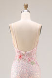 Pink Floral Mermaid Sequin Sparkly Spaghetti Straps Long Corset Prom Dress
