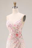 Pink Floral Mermaid Sequin Sparkly Spaghetti Straps Long Corset Prom Dress