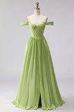 Green Off the Shoulder A Line Long Corset Prom Dress with Slit