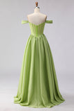 Green Off the Shoulder A Line Long Corset Prom Dress with Slit
