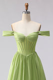 Green Off the Shoulder A Line Long Corset Prom Dress with Slit
