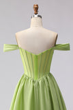 Green Off the Shoulder A Line Long Corset Prom Dress with Slit