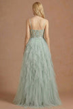 Dusty Green Corset Ruffled Spaghetti Straps Maxi Ball Gown Prom Dress