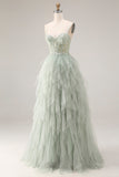 Dusty Green Corset Ruffled Spaghetti Straps Maxi Ball Gown Prom Dress