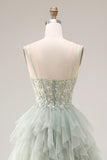 Dusty Green Corset Ruffled Spaghetti Straps Maxi Ball Gown Prom Dress