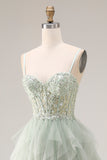 Dusty Green Corset Ruffled Spaghetti Straps Maxi Ball Gown Prom Dress