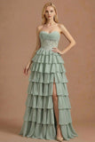Dusty Sage A Line Corset Sweetheart Ruffled Long Prom Dress with Slit