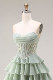 Dusty Sage A Line Corset Sweetheart Ruffled Long Prom Dress with Slit