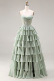 Dusty Sage A Line Corset Sweetheart Ruffled Long Prom Dress with Slit