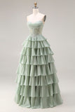 Dusty Sage A Line Corset Sweetheart Ruffled Long Prom Dress with Slit