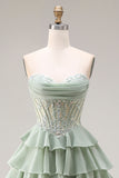 Dusty Sage A Line Corset Sweetheart Ruffled Long Prom Dress with Slit