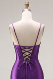 Sparkly Beaded Purple Mermaid Corset Appliqued Maxi Prom Dress with Slit