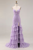 Floral Purple Mermaid Spaghetti Straps Long Prom Dress with Ruffles