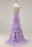 Floral Purple Mermaid Spaghetti Straps Long Prom Dress with Ruffles