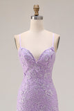 Floral Purple Mermaid Spaghetti Straps Long Prom Dress with Ruffles