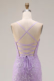 Floral Purple Mermaid Spaghetti Straps Long Prom Dress with Ruffles
