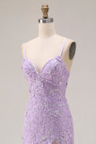 Floral Purple Mermaid Spaghetti Straps Long Prom Dress with Ruffles