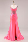 Sparkly Lake Blue Beaded Mermaid Maxi Corset Prom Dress with Slit
