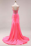 Sparkly Lake Blue Beaded Mermaid Maxi Corset Prom Dress with Slit