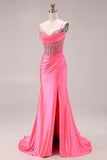 Sparkly Bright Pink Mermaid Ruched Maxi Corset Prom Dress with Slit