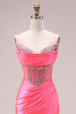 Sparkly Bright Pink Mermaid Ruched Maxi Corset Prom Dress with Slit
