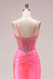 Sparkly Bright Pink Mermaid Ruched Maxi Corset Prom Dress with Slit