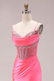 Sparkly Bright Pink Mermaid Ruched Maxi Corset Prom Dress with Slit