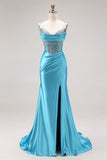 Sparkly Bright Pink Mermaid Ruched Maxi Corset Prom Dress with Slit