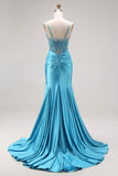 Sparkly Bright Pink Mermaid Ruched Maxi Corset Prom Dress with Slit
