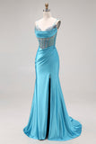Sparkly Lake Blue Beaded Mermaid Maxi Corset Prom Dress with Slit