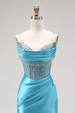 Sparkly Bright Pink Mermaid Ruched Maxi Corset Prom Dress with Slit