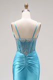 Sparkly Bright Pink Mermaid Ruched Maxi Corset Prom Dress with Slit