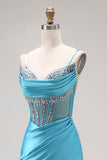 Sparkly Lake Blue Beaded Mermaid Maxi Corset Prom Dress with Slit