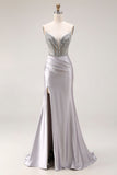 Sparkly Light Grey Beaded Spaghetti Straps Mermaid Long Prom Dress with Slit