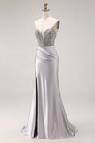 Sparkly Light Grey Beaded Spaghetti Straps Mermaid Long Prom Dress with Slit