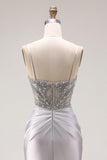 Sparkly Light Grey Beaded Spaghetti Straps Mermaid Long Prom Dress with Slit