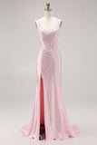 Sparkly Light Pink Beaded Halter Neck Mermaid Maxi Corset Prom Dress